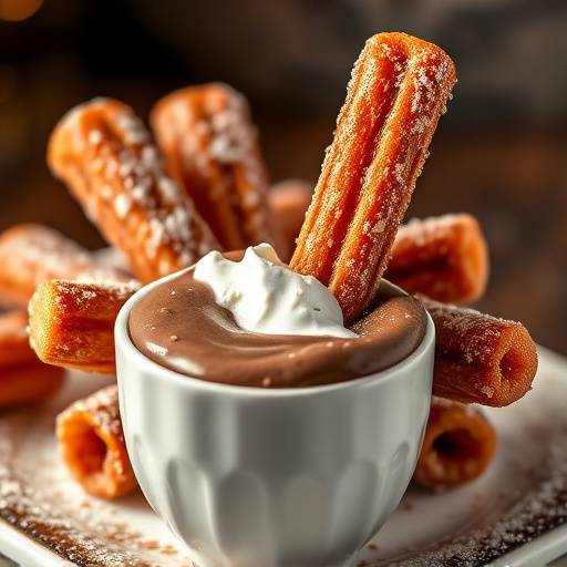 Churros con Chocolate: Churros crujientes servidos con chocolate caliente espeso.