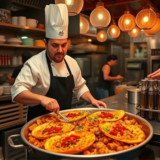 El chef Rafael Mendoza supervisando la preparaci&oacute;n de una paella en la cocina de El Rinc&oacute;n del Sabor