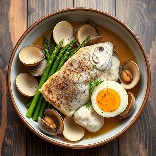 Merluza a la Vasca: Merluza fresca cocinada a la vasca con almejas, esp&aacute;rragos y huevo duro.