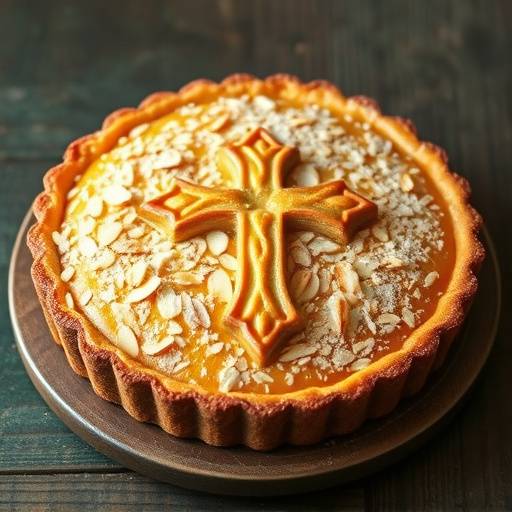 Tarta de Santiago: Tarta de almendras tradicional de Galicia, decorada con la cruz de Santiago.