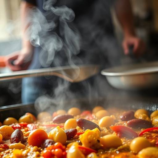 Un plato de paella valenciana humeante, servido en una paellera tradicional.