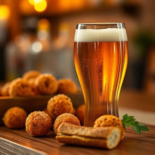 Un vaso de cerveza artesanal junto a unas croquetas caseras